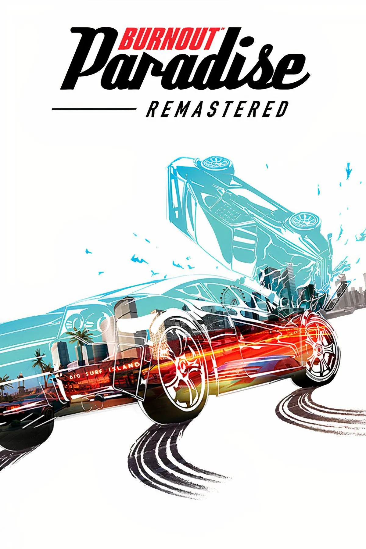Một chiếc xe đua đang lao vun vút trên đường cao tốc trong Burnout Paradise Remastered, với khung cảnh thành phố mở rộng