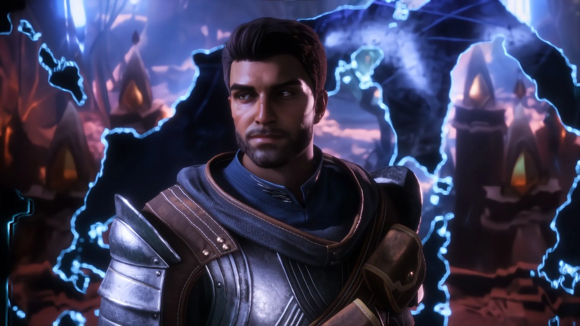 Một chiến binh nhìn về phía bên trái gần những vết nứt không gian trong Dragon Age The Veilguard.