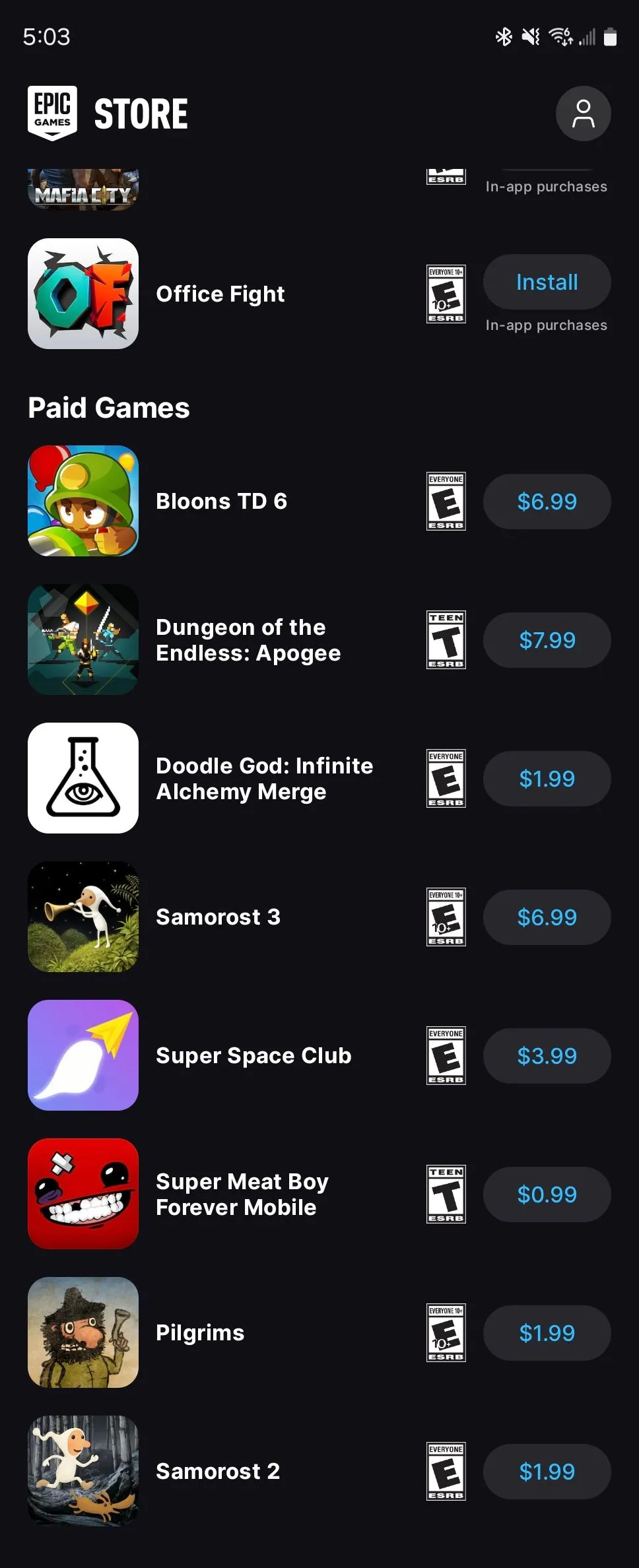 Một danh sách game được gợi ý trên ứng dụng Epic Games Store Android.