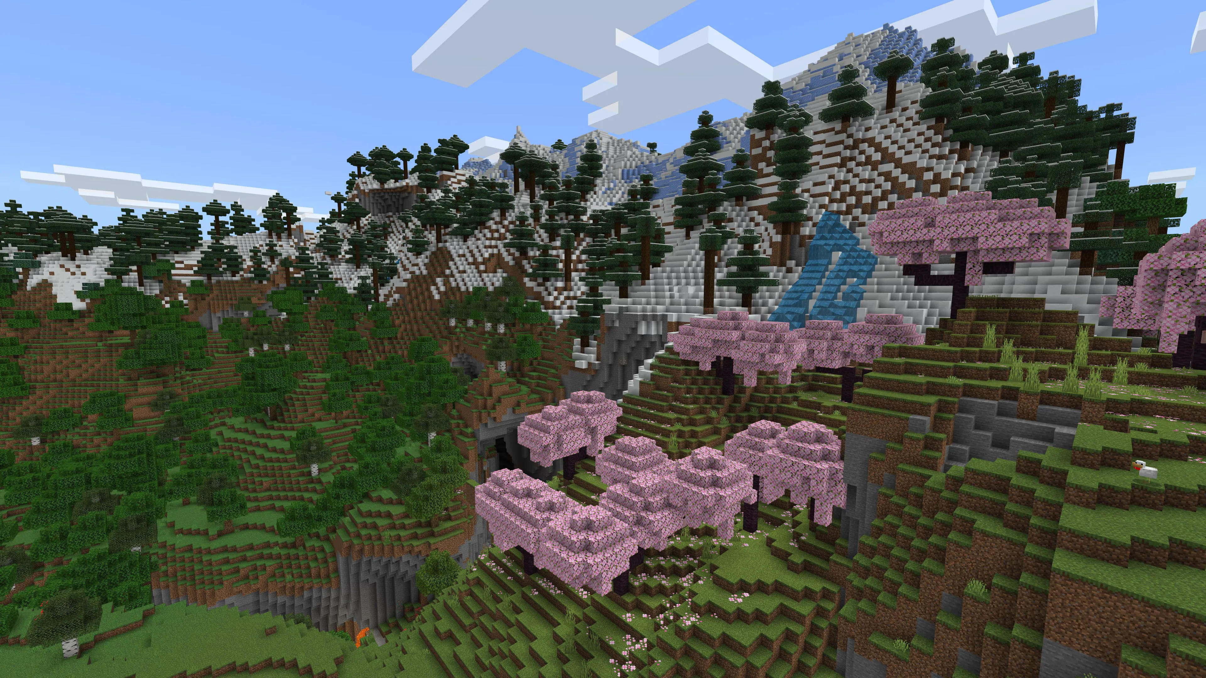 Một hình ảnh quảng bá game Minecraft với nhiều quần xã sinh vật đa dạng.