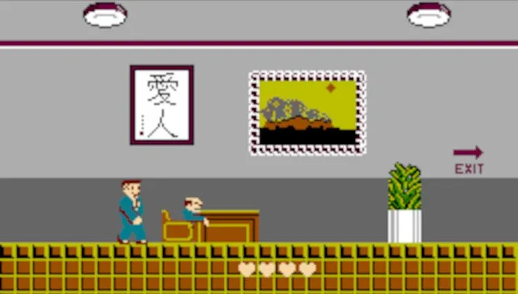 Một màn hình trong game Takeshi's Challenge, cho thấy giao diện người chơi đang di chuyển trong một thành phố với các công trình kiến trúc Nhật Bản và một con mèo đi lạc trên đường, thể hiện gameplay phi lý và khó chịu của tựa game Kusoge này.