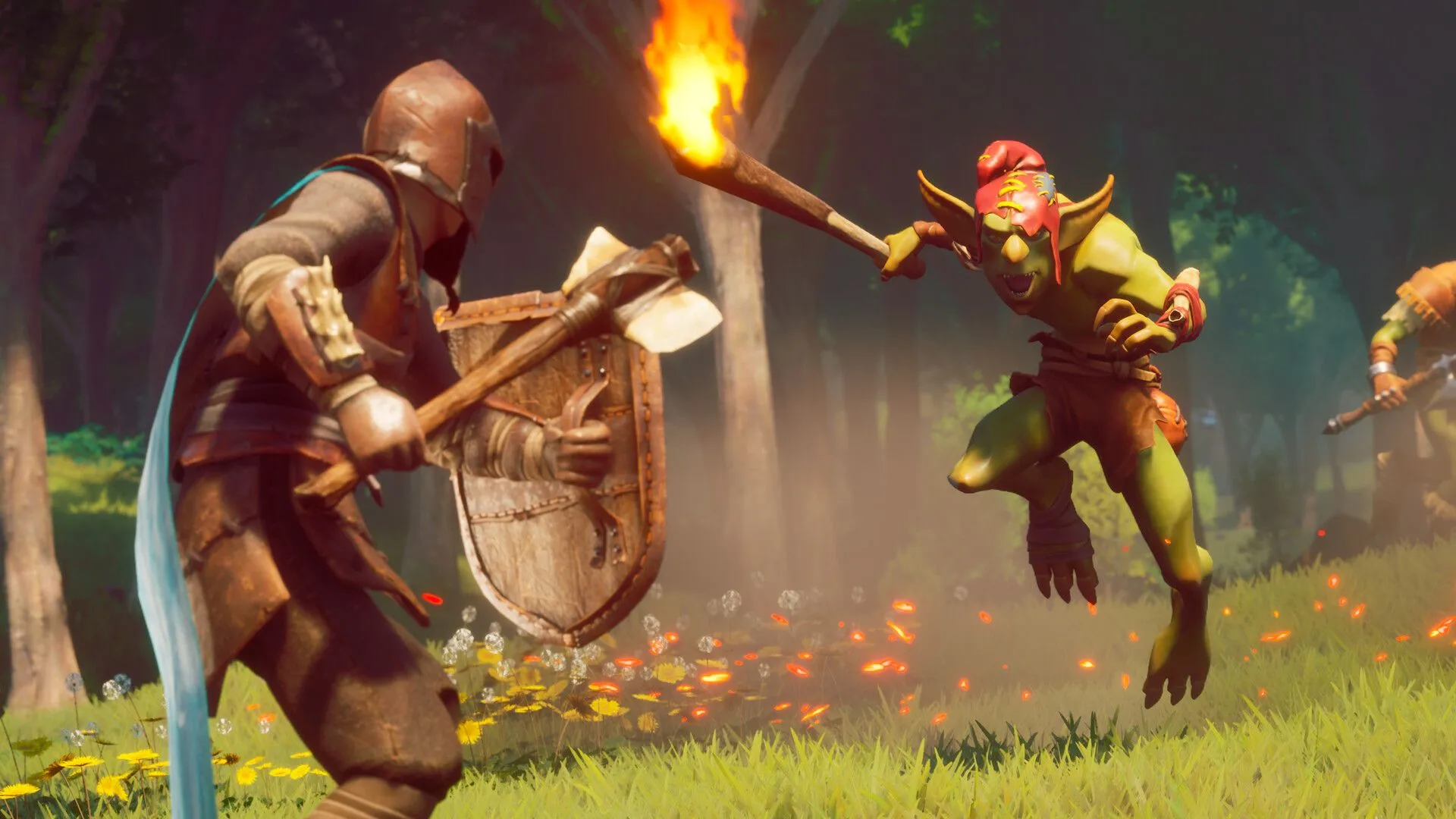 Một người chơi đang chiến đấu với quái vật goblin trong tựa game sinh tồn RuneScape: Dragonwilds.