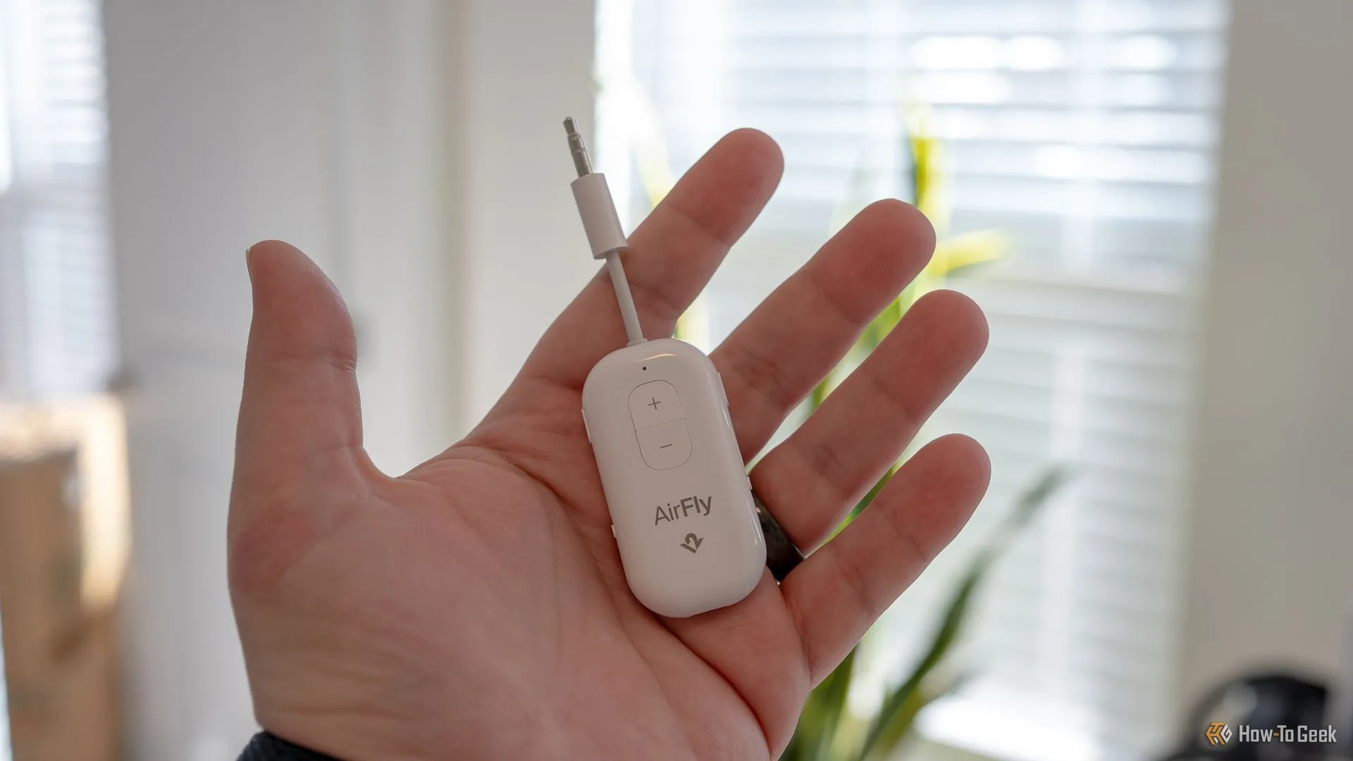 Một người đang cầm thiết bị phát âm thanh Bluetooth Twelve South AirFly Pro 2, minh họa tính di động và dễ sử dụng.