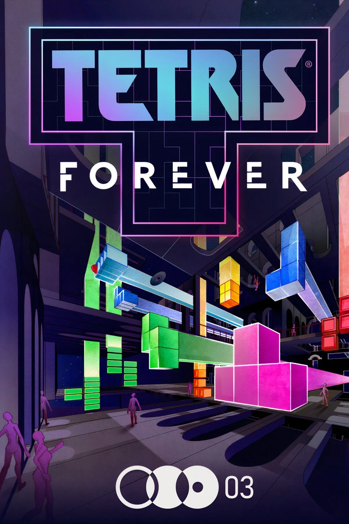 Một nhóm hình ảnh đa dạng từ game Tetris Forever, bao gồm các biến thể Tetris và giao diện gameplay nhiều màu sắc.
