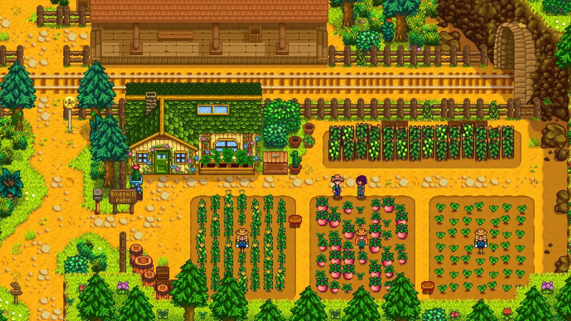 Một nông trại trong Stardew Valley với người chơi đang nói chuyện với NPC gần cây trồng, gợi nhắc câu chuyện về Abigail và Wizard.