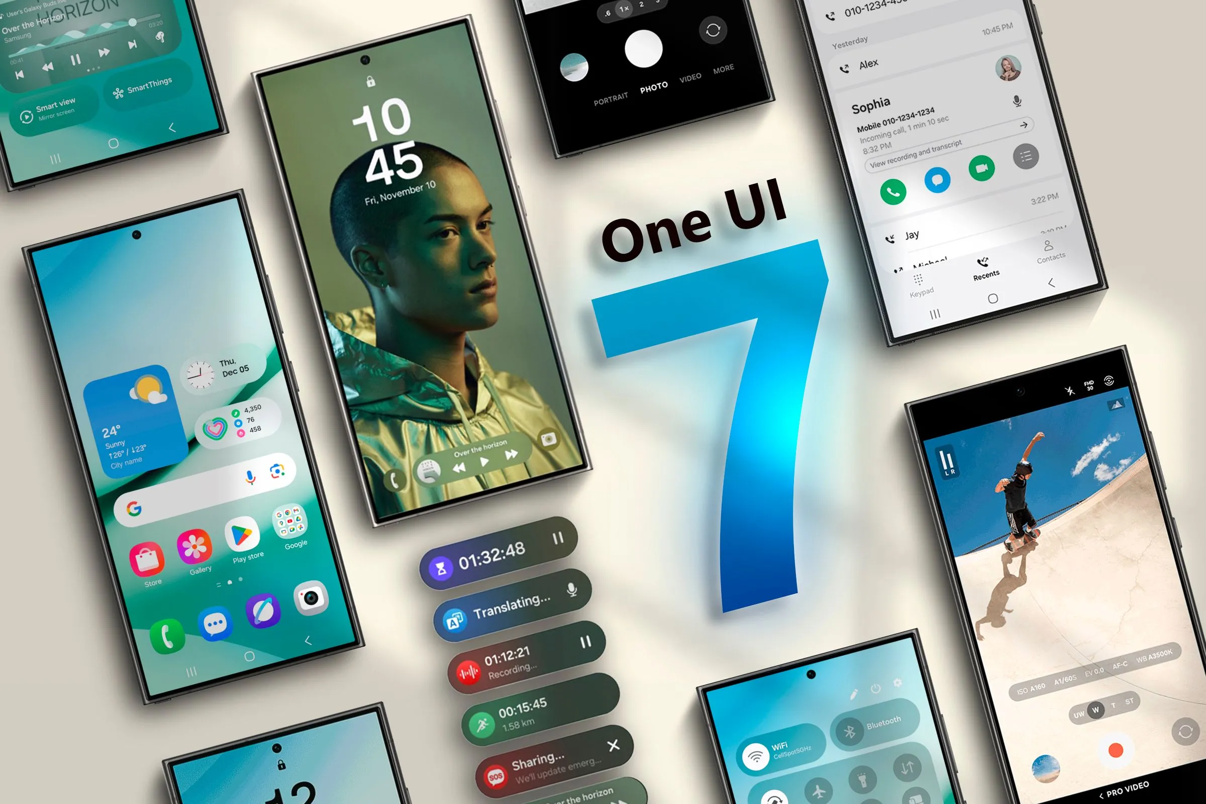 Một số thiết bị Galaxy S24 cạnh nhau với chữ One UI 7 ở giữa