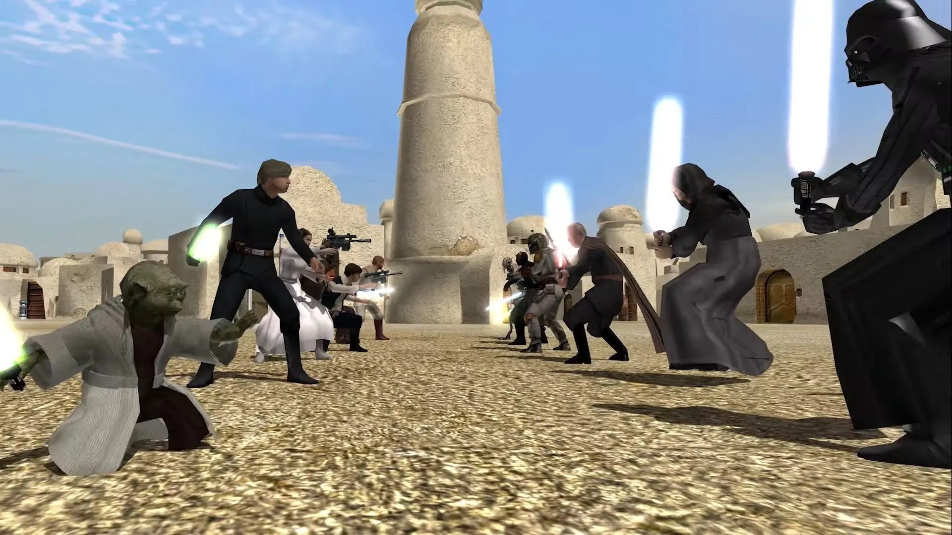 Một trận chiến khốc liệt trong game Star Wars Battlefront II (2005), với các nhân vật anh hùng và phản diện tham gia, cho thấy khả năng mod đa dạng.