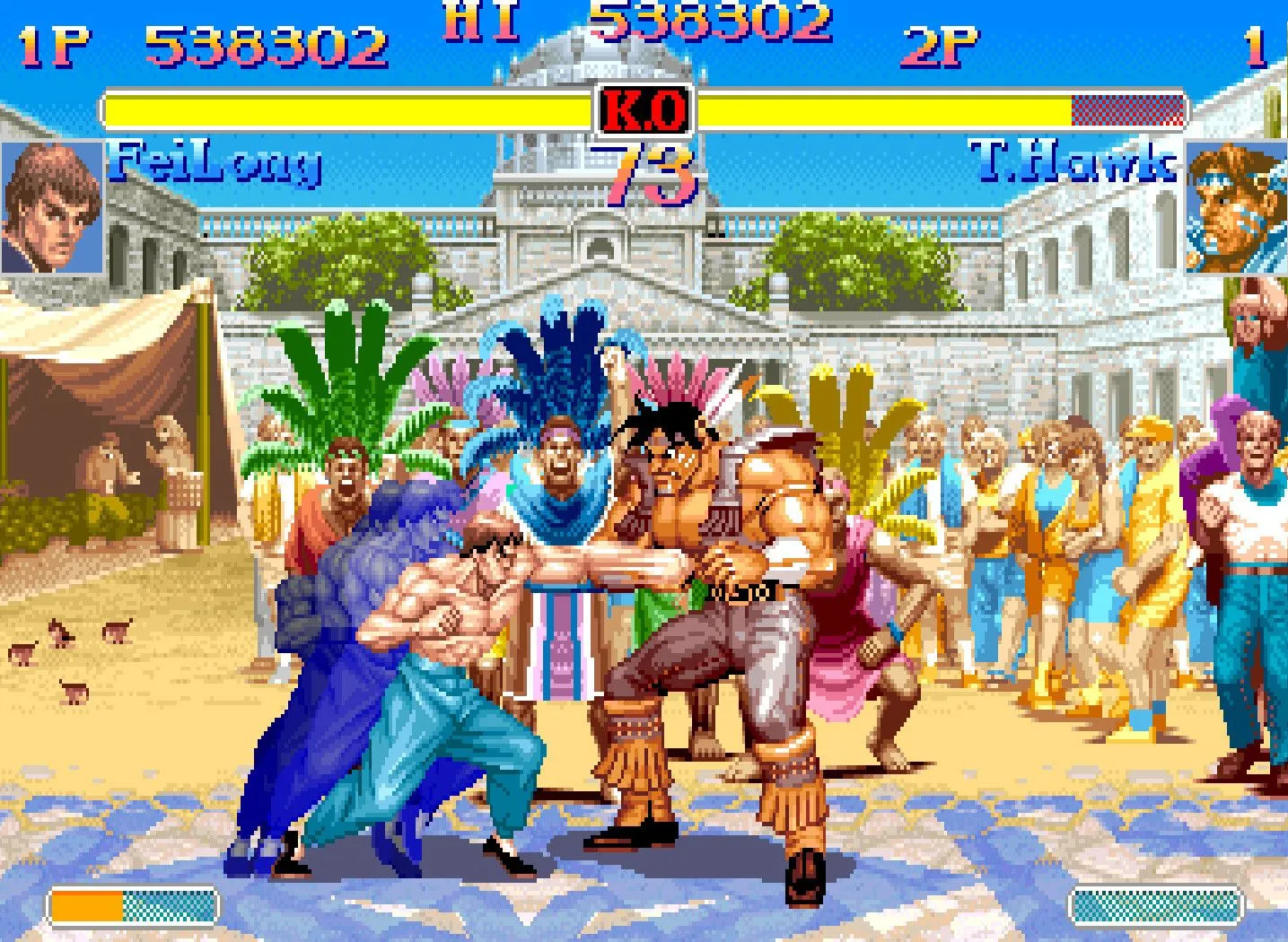 Một trận đấu giữa Fei Long và T. Hawk trong Super Street Fighter 2 Turbo.