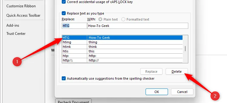 Mục AutoCorrect đã chọn trong Word và nút Xóa được đánh dấu