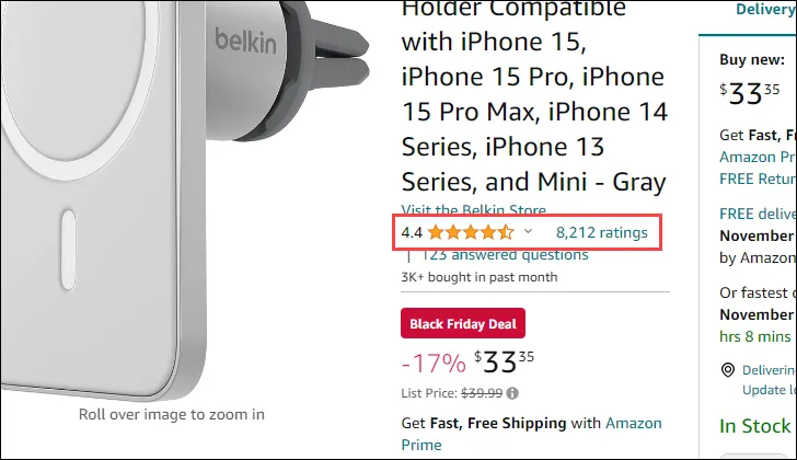 Mục đánh giá sao trên trang sản phẩm Amazon