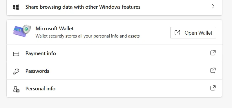 Mục Mật khẩu trong trang Hồ sơ người dùng của Microsoft Edge