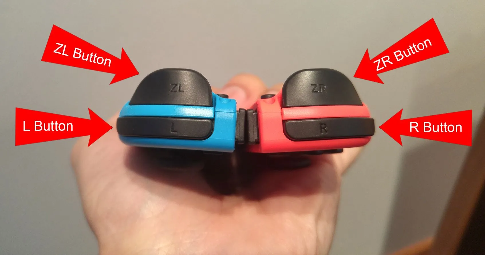 Mũi tên đỏ chỉ rõ vị trí các nút vai (shoulder buttons) trên cặp tay cầm Joy-Con của Nintendo Switch, minh họa cho đổi mới nút vai trong thiết kế tay cầm game.