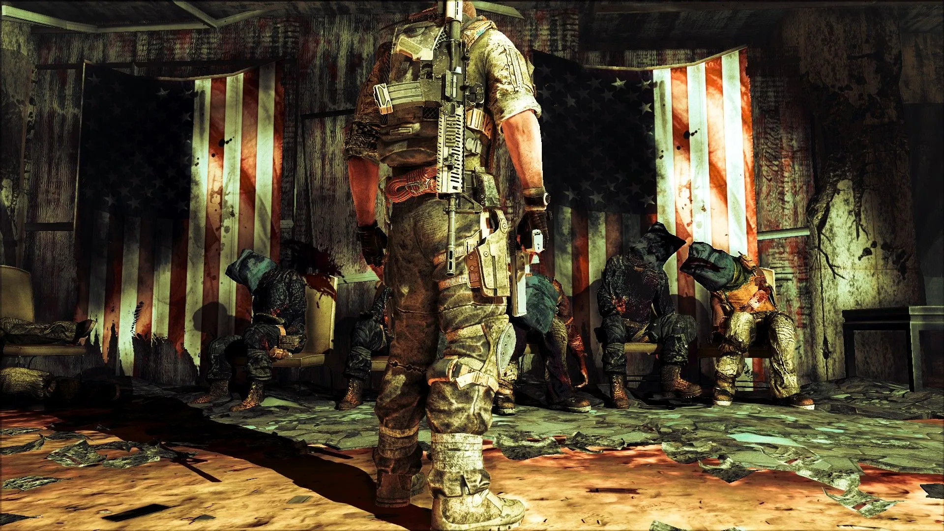 Người chơi Spec Ops nhìn những con tin đã chết phía trước lá cờ Mỹ bị cháy, thể hiện sự tàn khốc của cuộc chiến