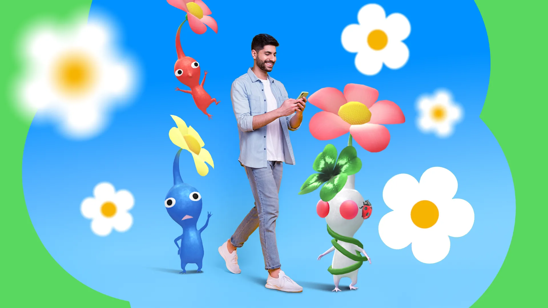 Người đàn ông đi bộ cầm điện thoại chơi game với các nhân vật Pikmin Bloom và hoa hoạt hình xung quanh, thể hiện tính di động của game Android.
