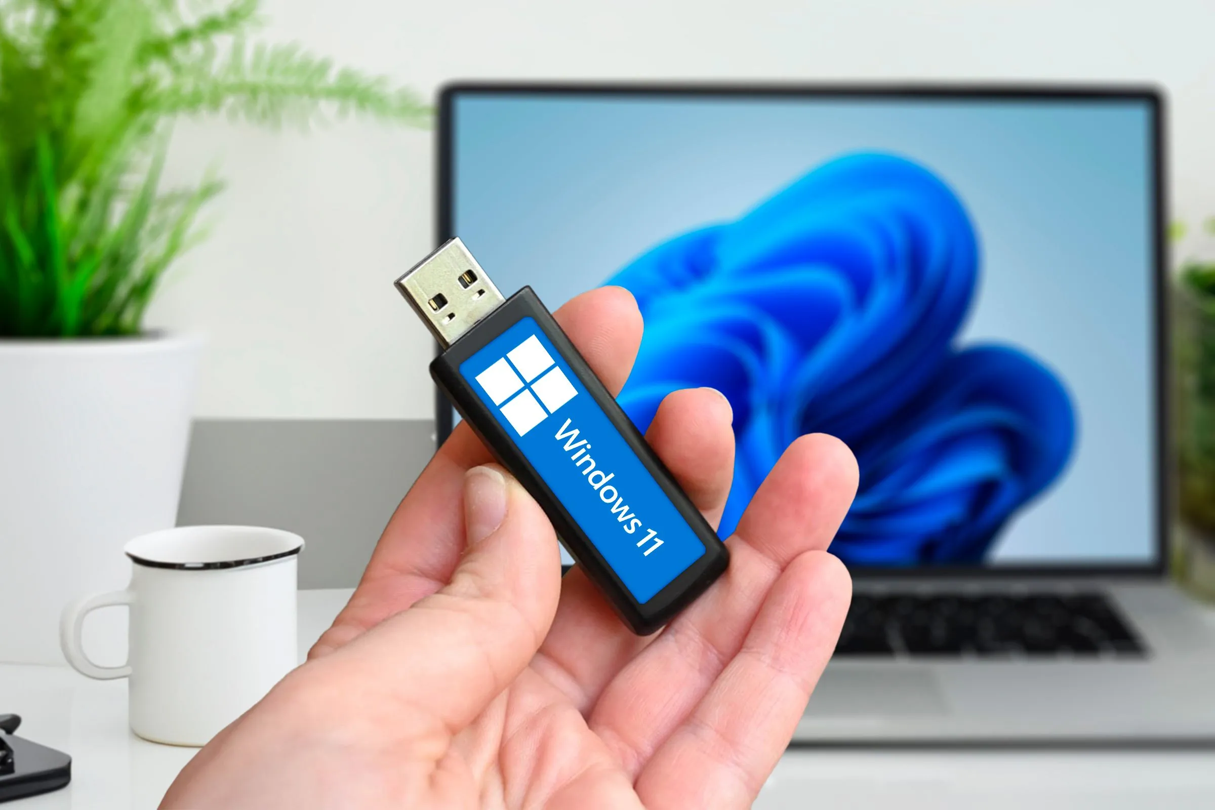 Người dùng cầm USB cài đặt Windows 11, phía sau là laptop đang hiển thị giao diện hệ điều hành.