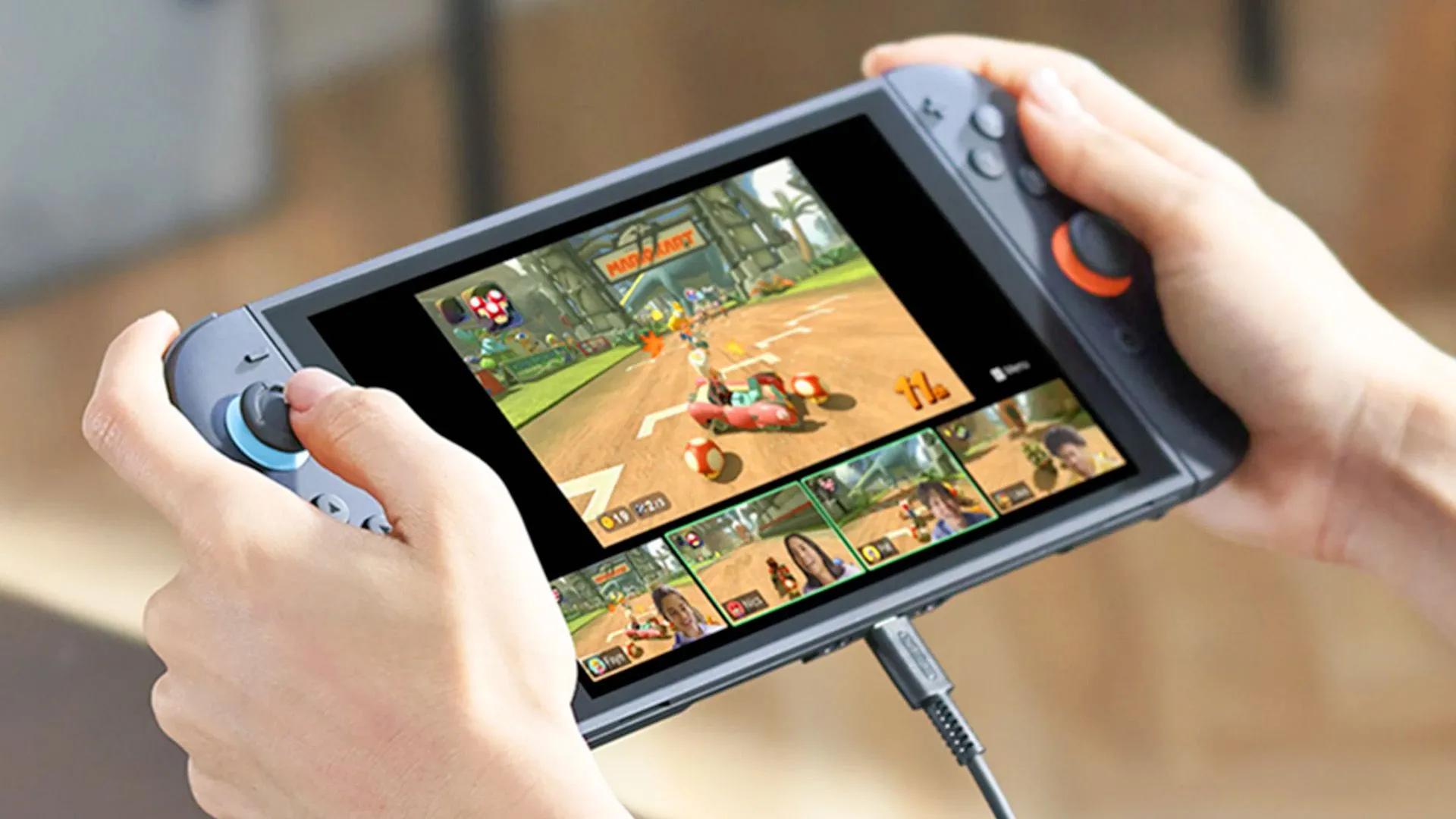 Người dùng trải nghiệm Nintendo Switch 2 ở chế độ cầm tay, minh họa thời lượng pin.