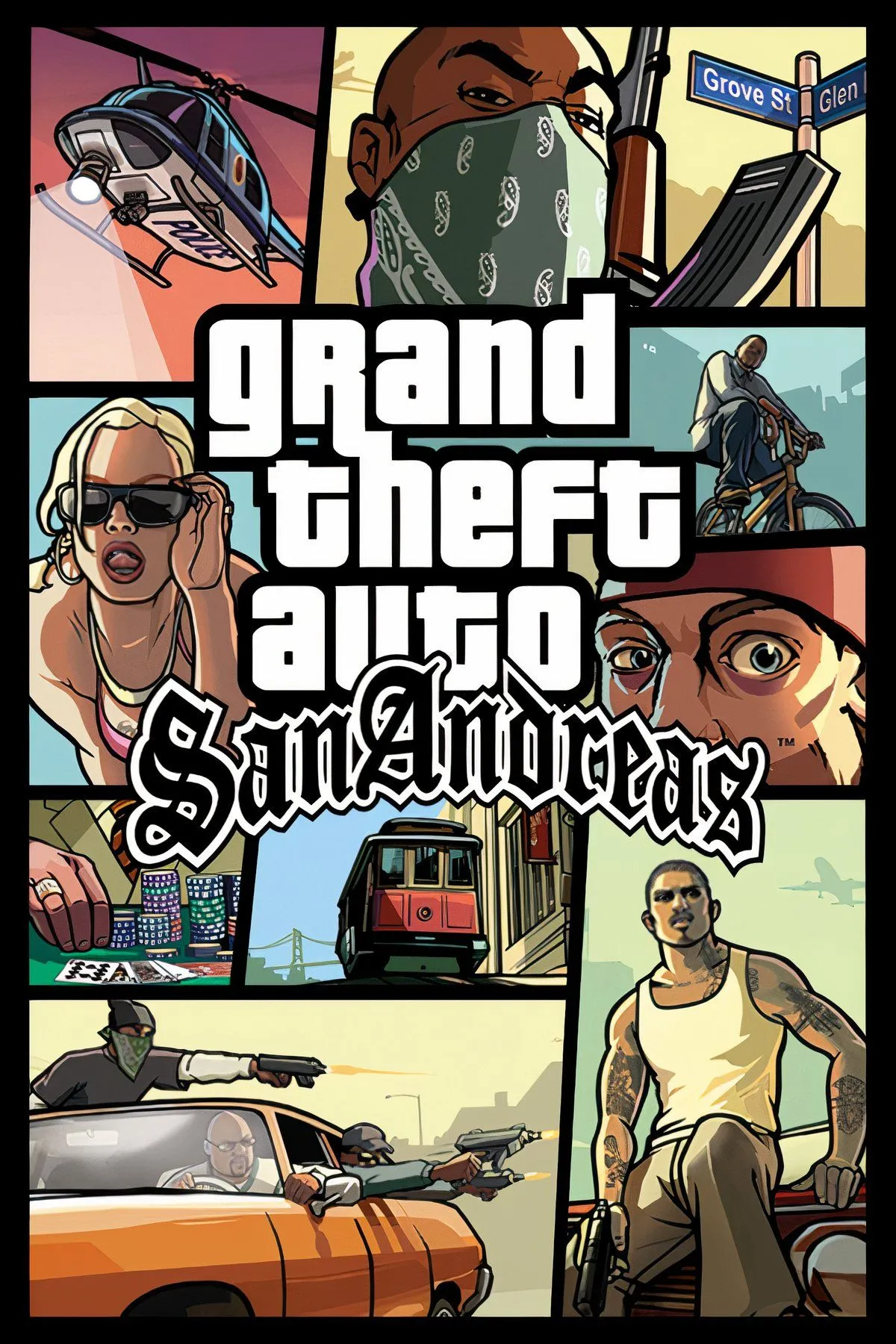 Nhân vật chính CJ của Grand Theft Auto: San Andreas đứng trước khung cảnh thành phố lớn, thể hiện quy mô và độ chi tiết của thế giới mở trong game.