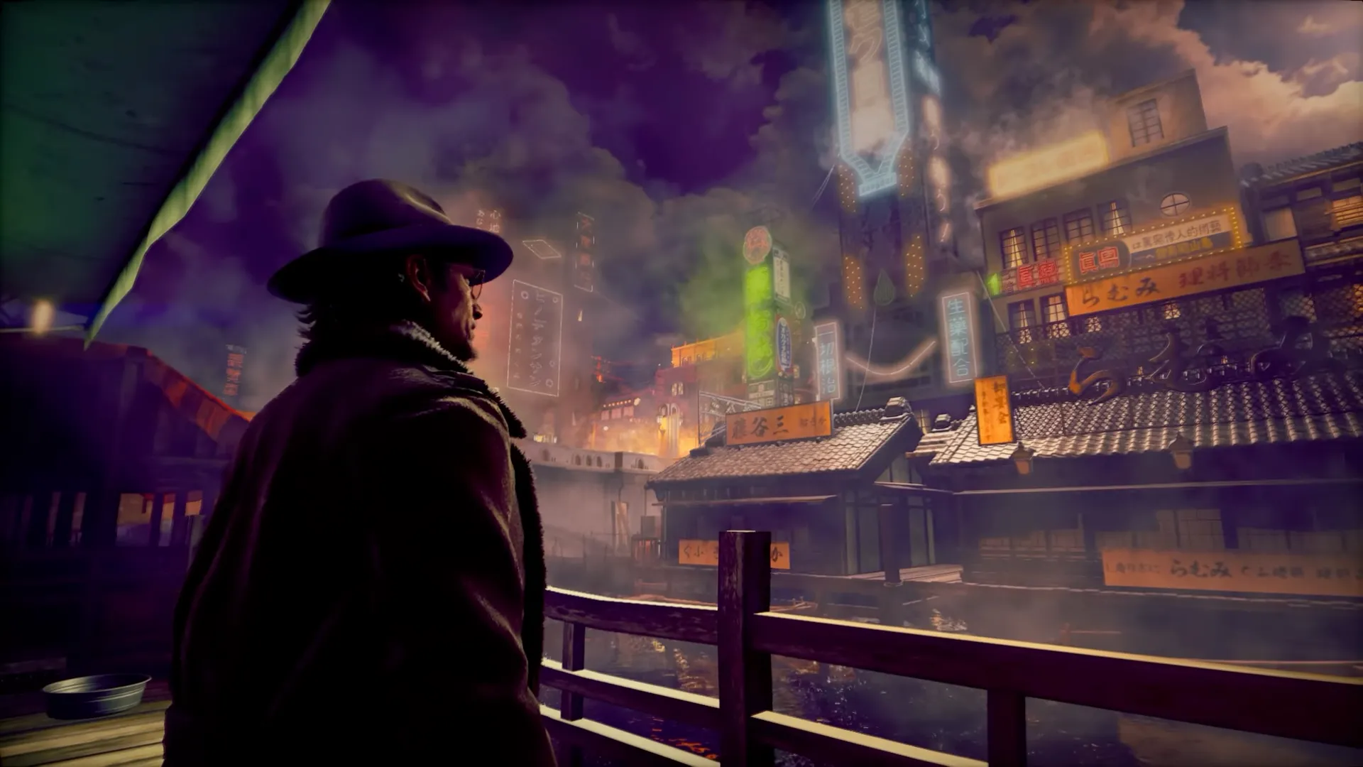 Nhân vật chính của game Stranger Than Heaven nhìn ra quang cảnh thành phố Nhật Bản.