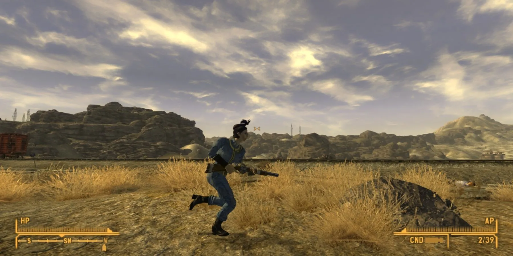 Nhân vật đang chạy trong Fallout New Vegas với mod tăng tốc độ di chuyển
