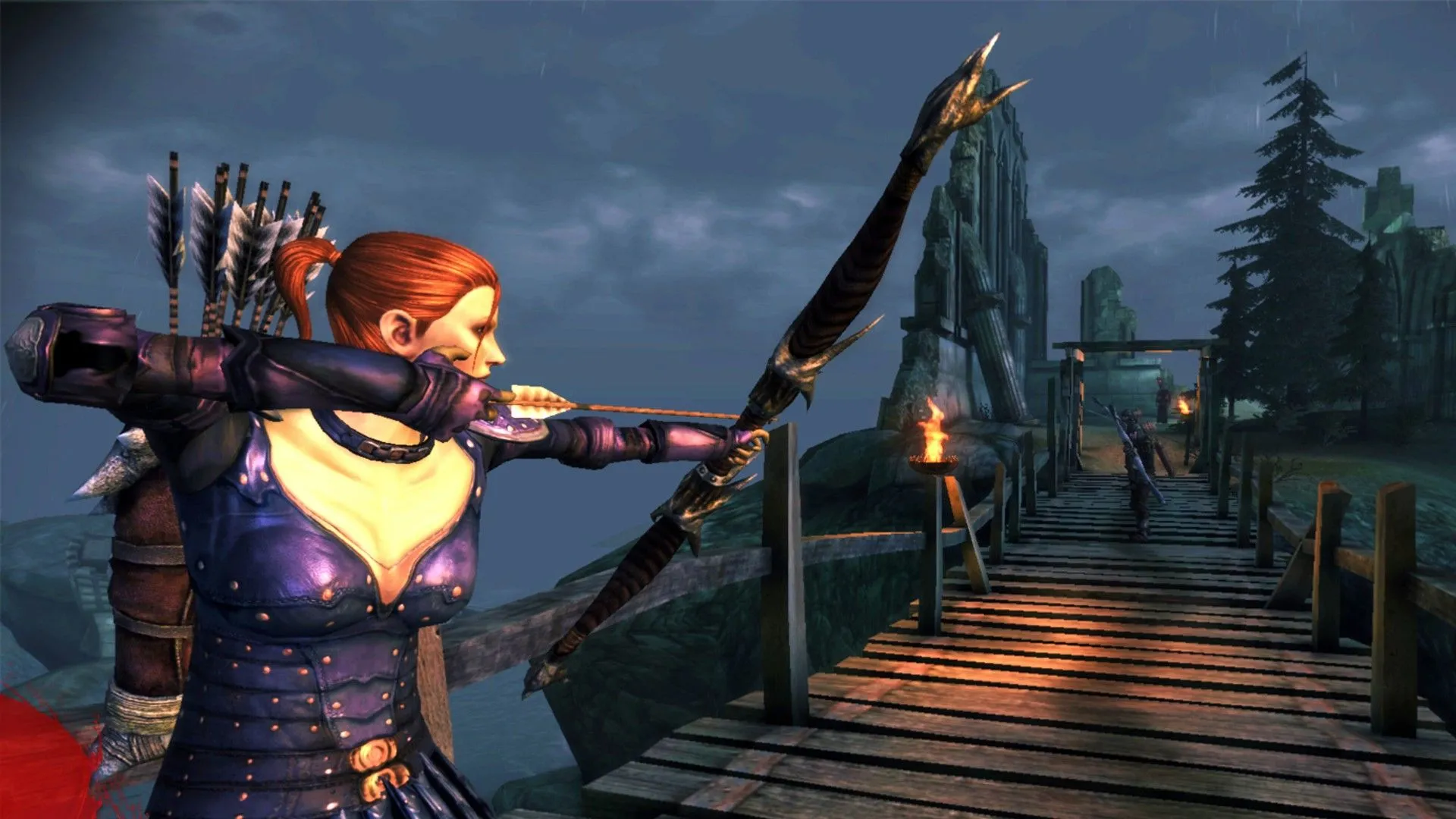Nhân vật Leliana trong Dragon Age: Origins chuẩn bị bắn cung, thể hiện yếu tố hành động và quyết định đồng đội.