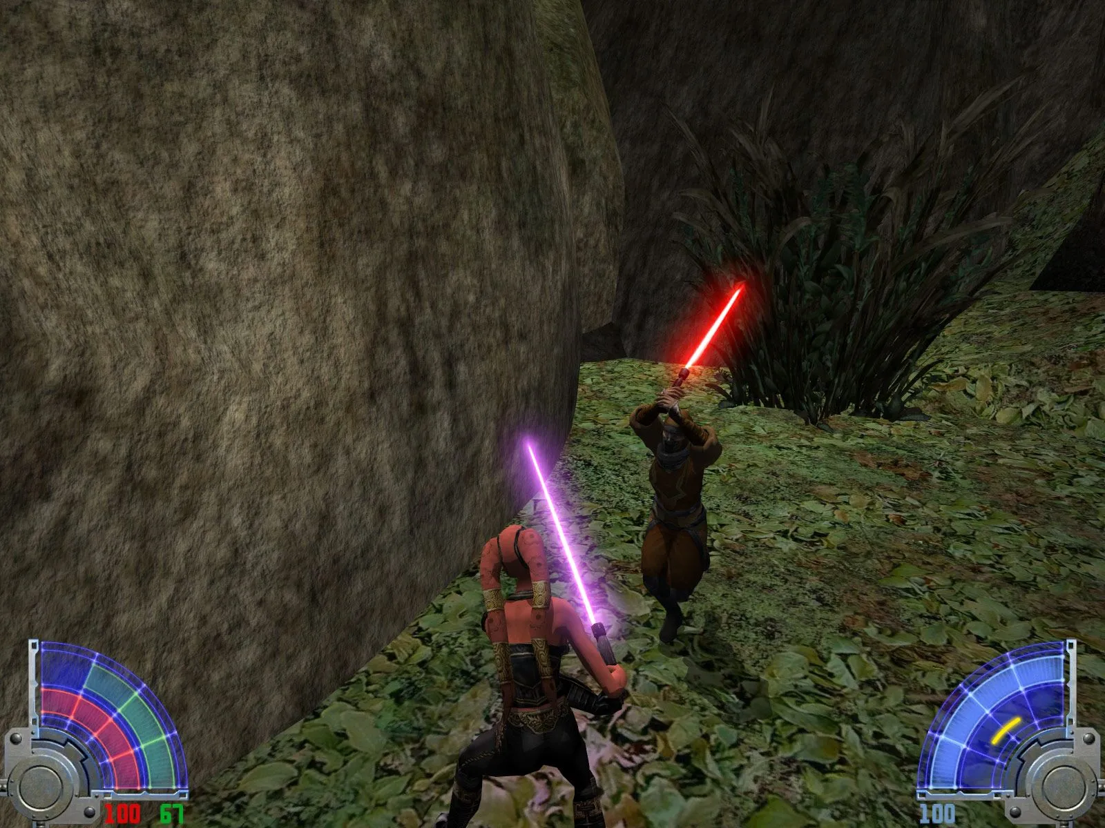 Nhân vật sử dụng Lightsaber trong game Star Wars Jedi Academy, minh họa hệ thống chiến đấu kiếm ánh sáng độc đáo và khả năng mod cốt truyện mới.