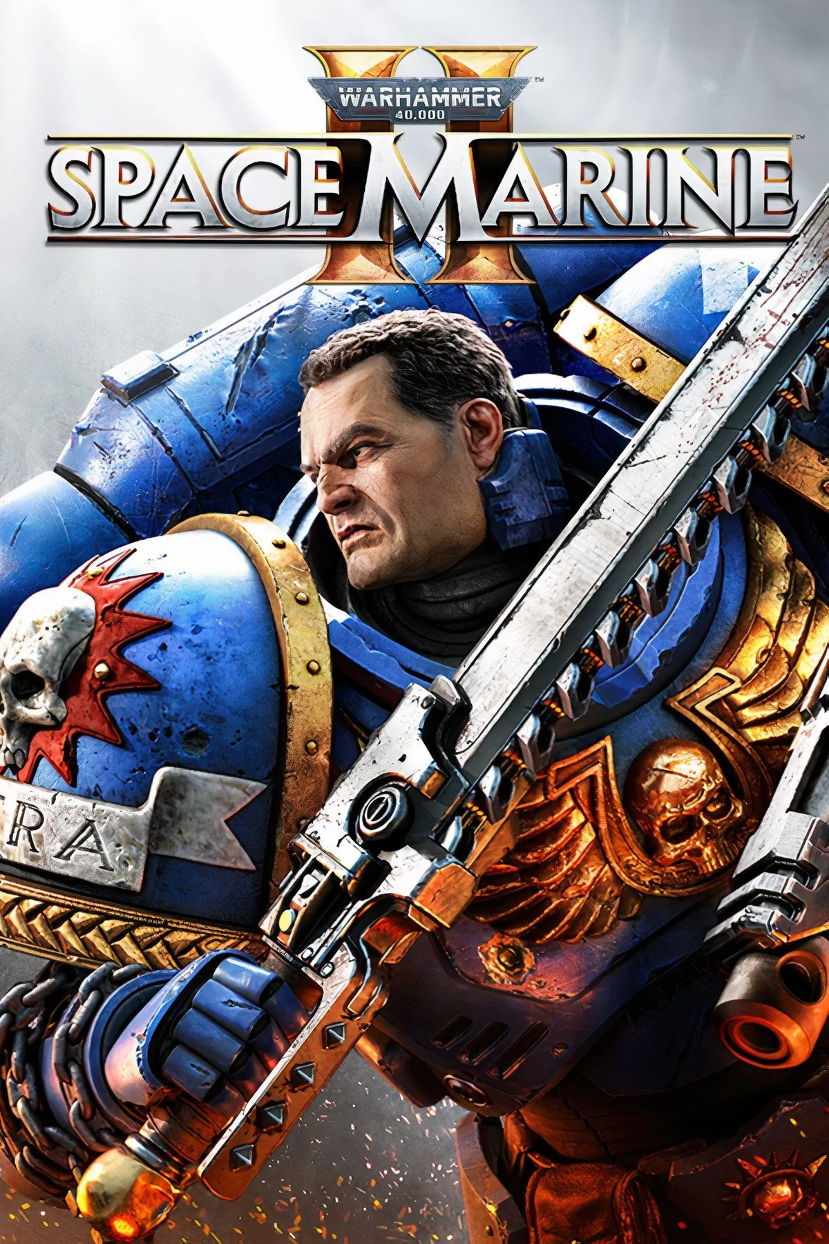 Nhân vật Titus trong cảnh chiến đấu ác liệt trong Warhammer 40,000: Space Marine II, với hiệu ứng đồ họa ấn tượng và quái vật Tyranid.