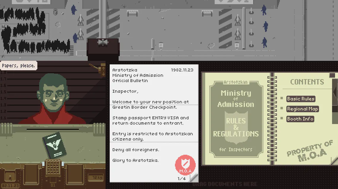 Nhân vật trong game Papers Please ngồi trong quầy kiểm tra nhập cảnh, với màn hình hiển thị thông tin và giấy tờ cần kiểm tra