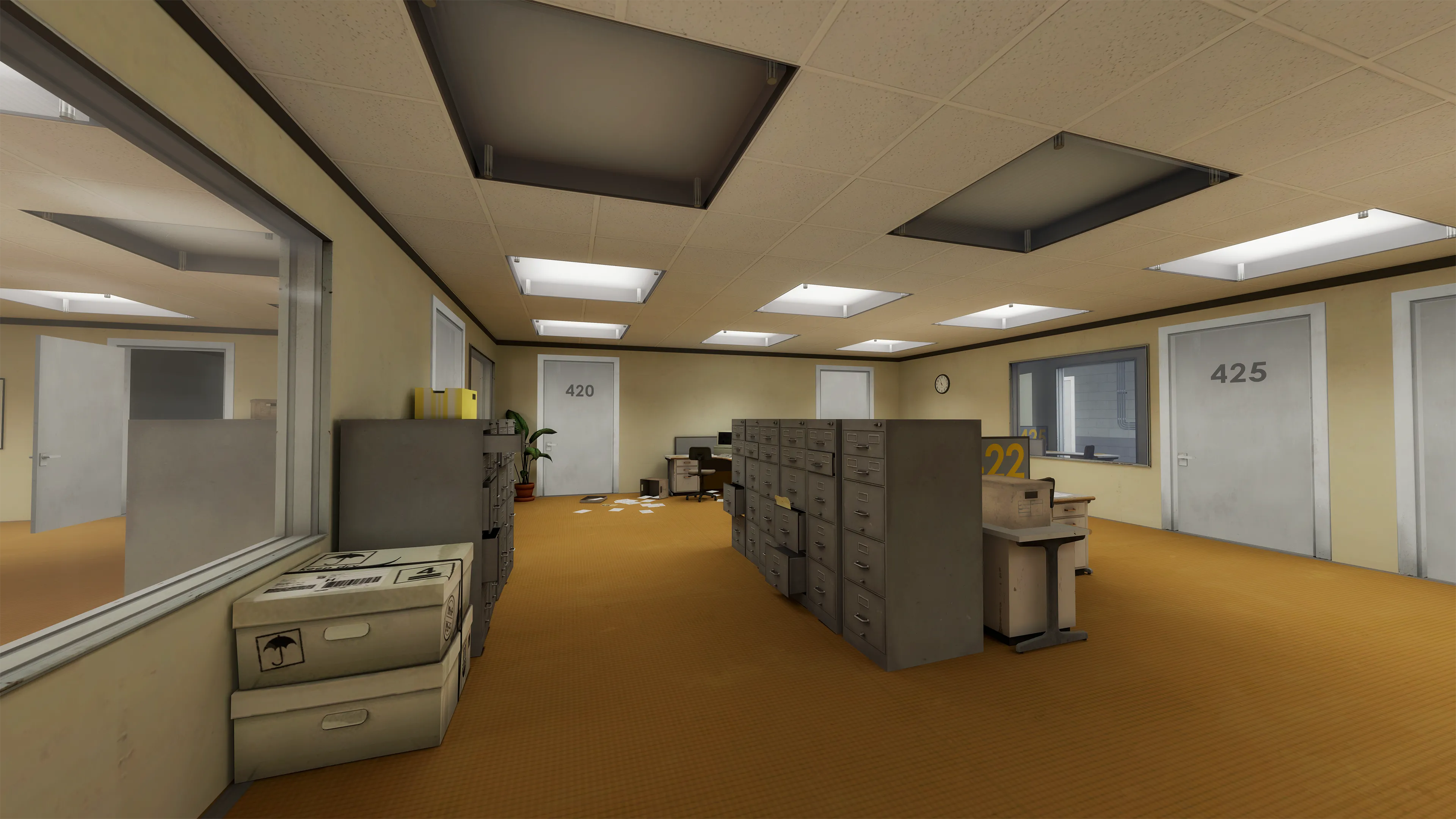 Nội thất tòa nhà văn phòng với nhiều cánh cửa được đánh số và đóng kín trong game The Stanley Parable