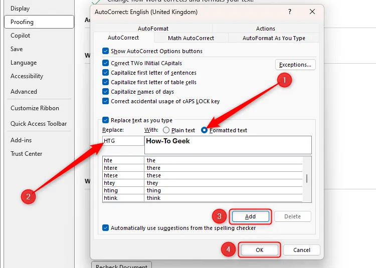 Nút chọn Formatted Text được đánh dấu trong hộp thoại AutoCorrect của Word