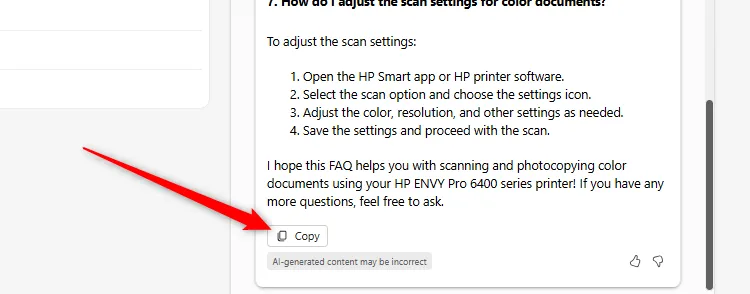 Nút &quot;Copy&quot; ở cuối phản hồi của Copilot trong OneDrive được chọn.