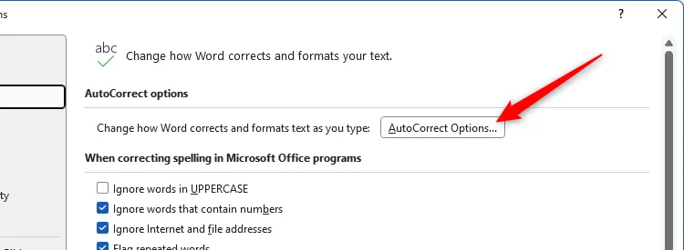 Nút Tùy chọn AutoCorrect trong cửa sổ Tùy chọn Word