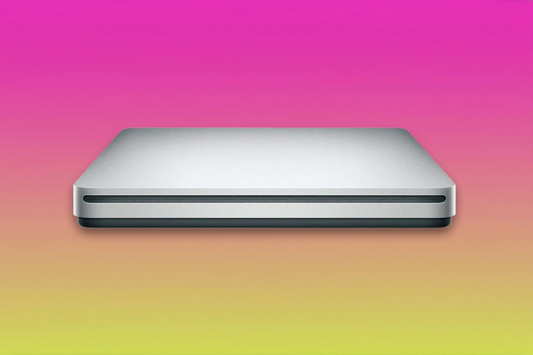 Ổ đĩa quang ngoài Apple USB SuperDrive trên nền chuyển màu.