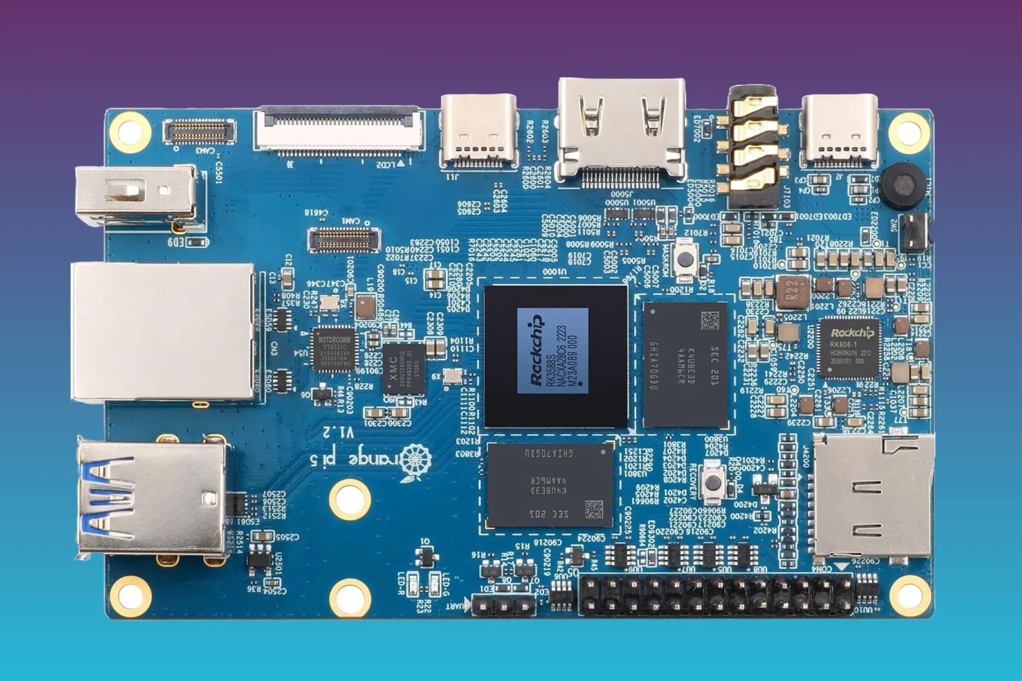 Orange Pi 5 màu cam nổi bật trên nền tím