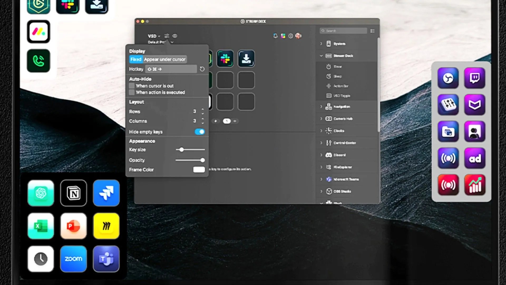 Phiên bản phóng to của Elgato Virtual Stream Deck đang được sử dụng để hiển thị các nút khác nhau có thể thêm vào