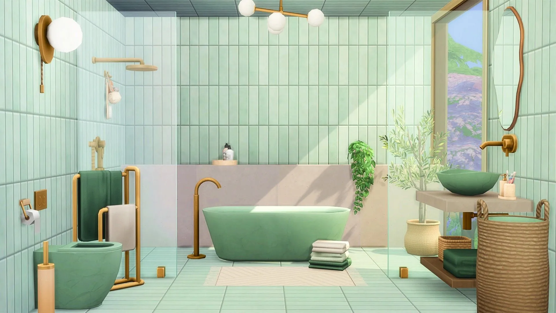Phòng tắm màu xanh lá cây với bồn tắm ở trung tâm, hình ảnh liên quan đến thử thách Not So Berry trong The Sims 4