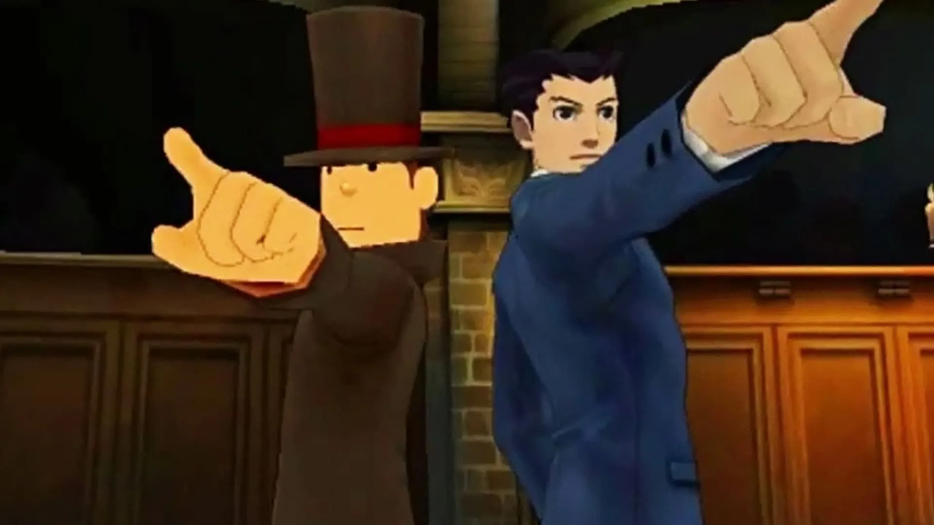 Professor Layton và Phoenix Wright đứng tựa lưng vào nhau, đưa ra một lời buộc tội