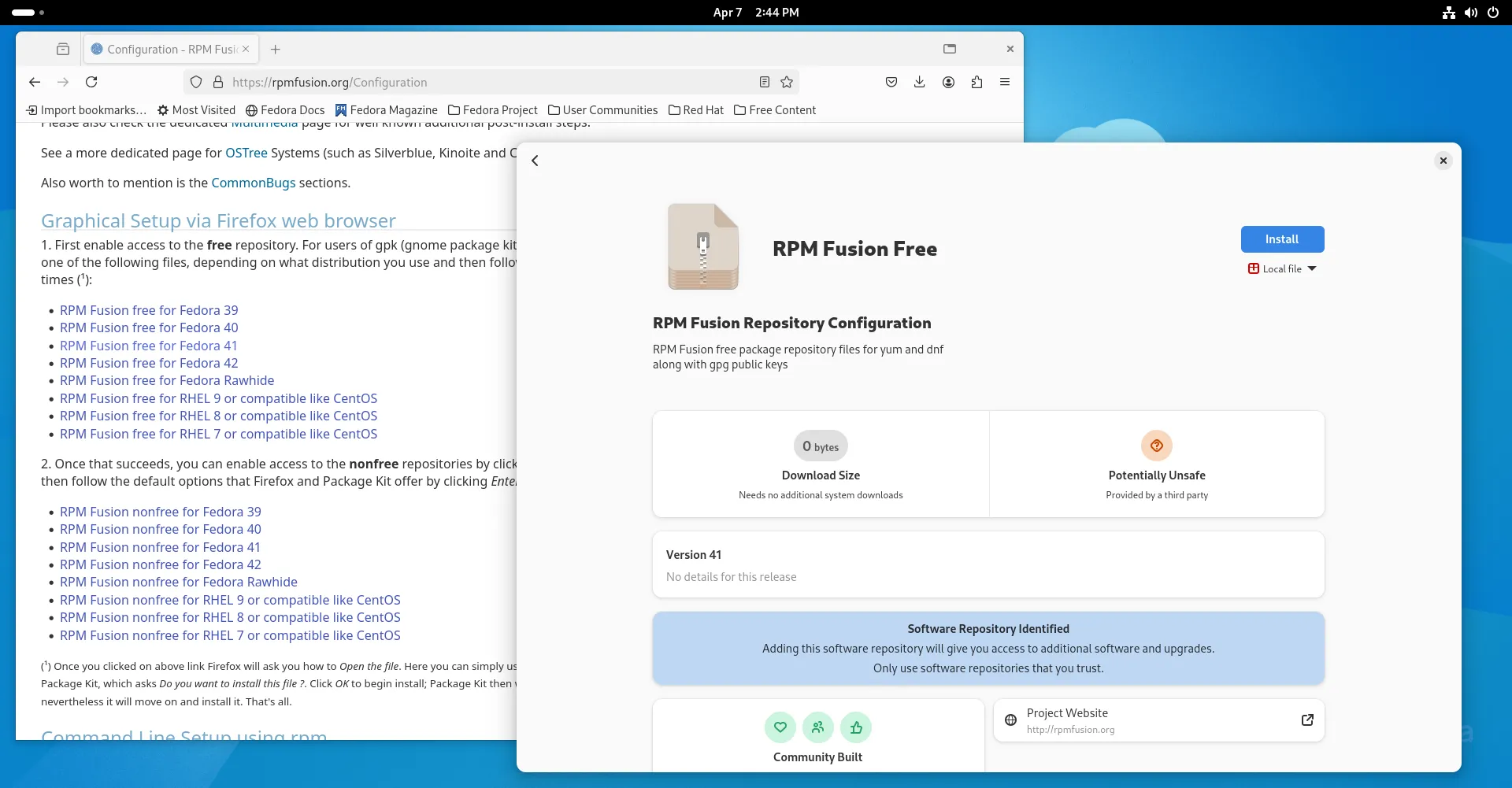Quá trình cài đặt kho RPM Fusion trên Fedora thông qua trình duyệt Firefox