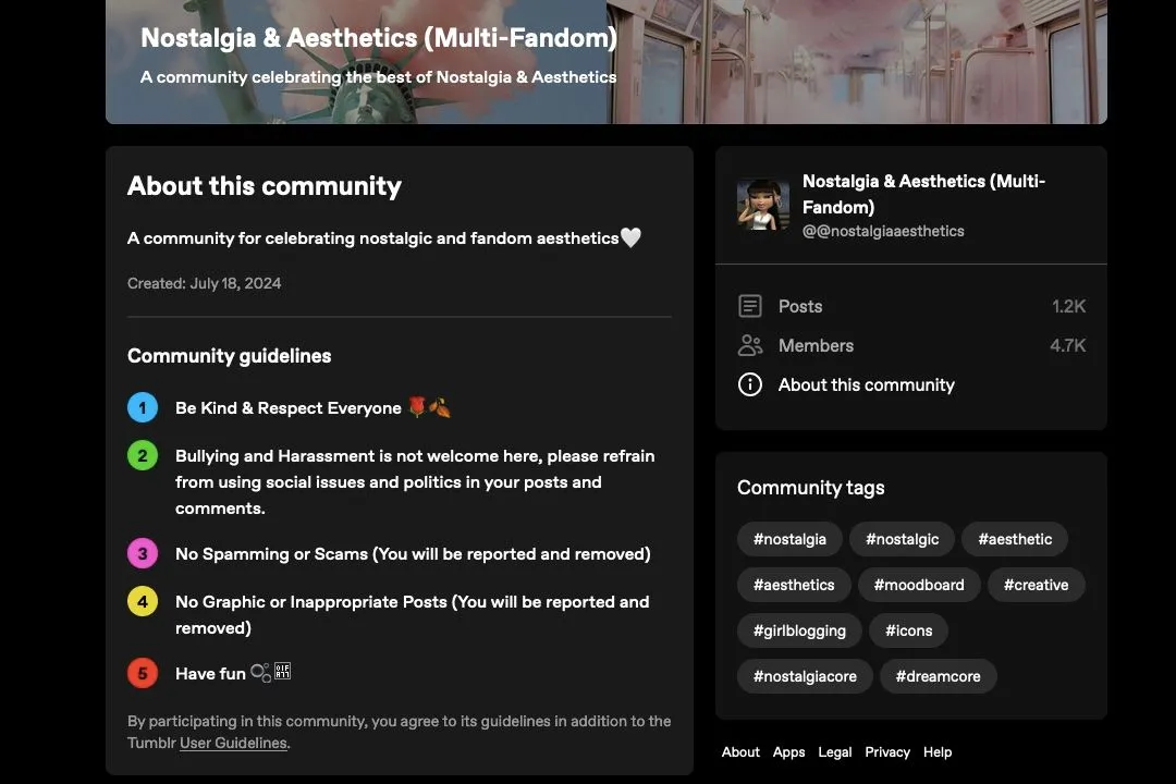 Quy tắc và hướng dẫn của một Cộng đồng Tumblr điển hình, cho thấy tính năng kiểm duyệt.