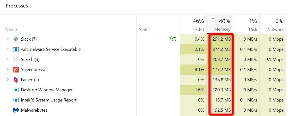 Sắp xếp các tiến trình theo mức sử dụng RAM giảm dần trong Task Manager Windows 10/11