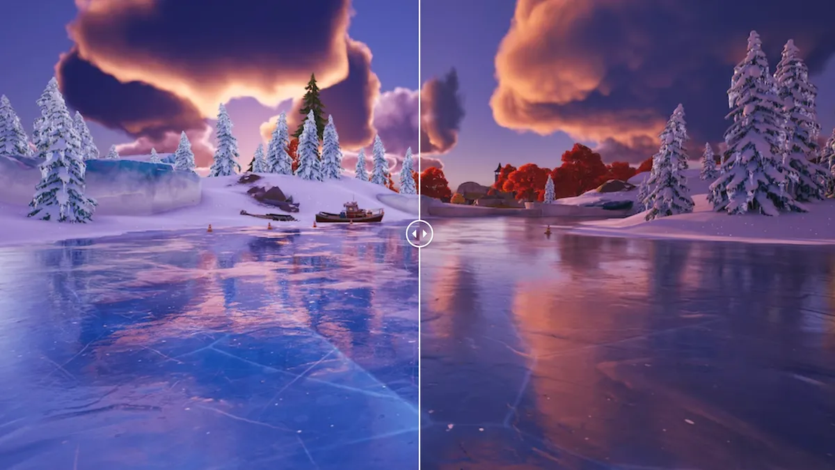 So sánh đồ họa Fortnite trước và sau khi tích hợp công nghệ Lumen của Unreal Engine 5, cho thấy cải thiện đáng kể về hiệu ứng ánh sáng.