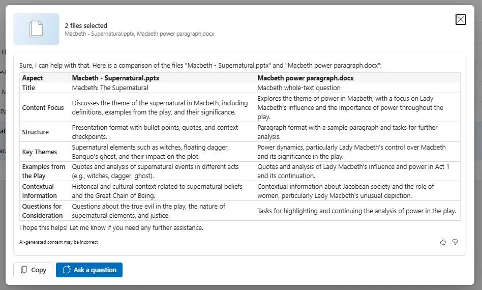 So sánh file PowerPoint và tài liệu Word do Copilot tạo ra trong OneDrive.