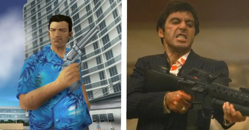So sánh hình ảnh Tommy Vercetti của Grand Theft Auto: Vice City và Tony Montana của Scarface, thể hiện sự tương đồng về phong cách và bối cảnh tội phạm thập niên 80.