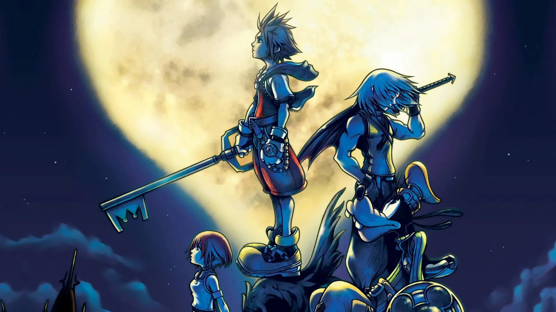Sora, Riku, Kairi, và Goofy trên bìa Kingdom Hearts, liên quan đến bí ẩn Hộp Đen.