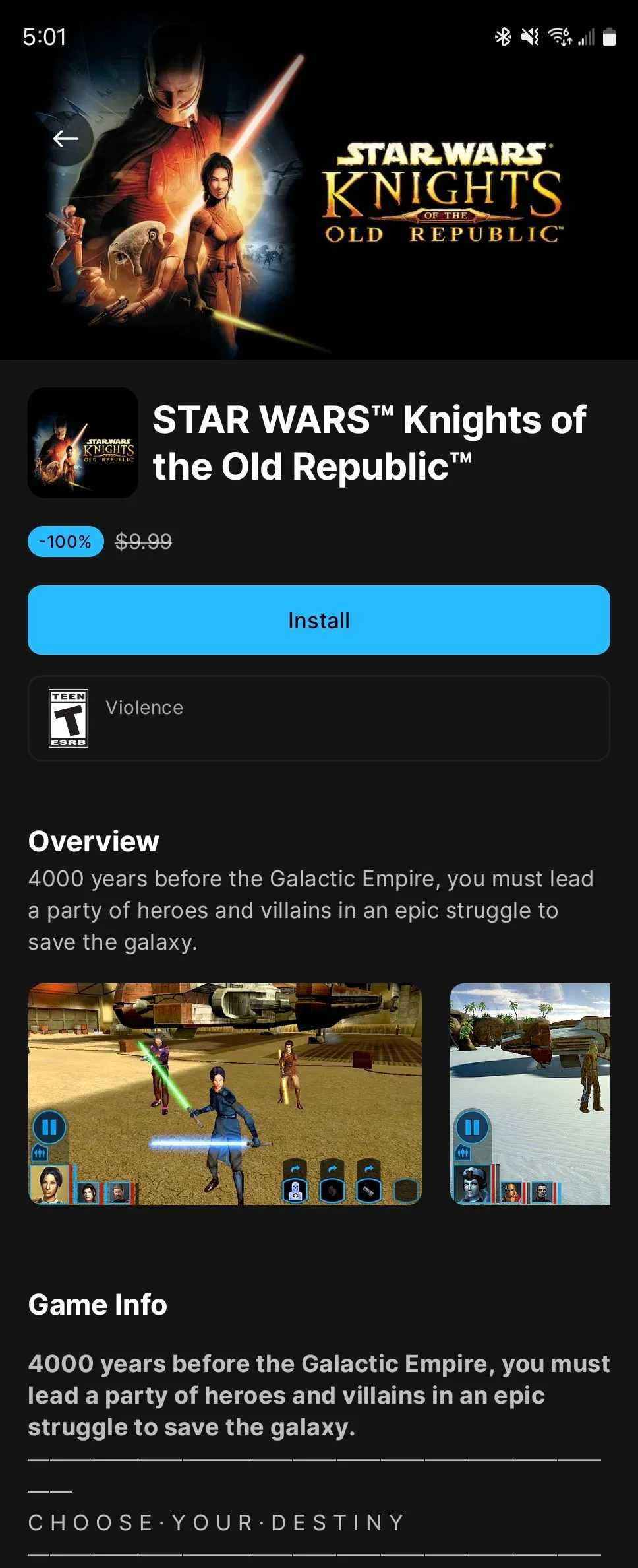 Star Wars KOTOR có sẵn miễn phí trên Epic Games Store cho Android.