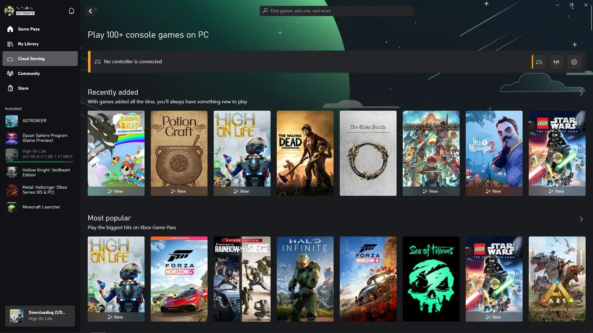 Tab cloud gaming trong ứng dụng Xbox Game Pass trên Windows.