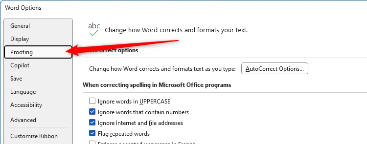Tab Proofing trong cửa sổ Tùy chọn Word