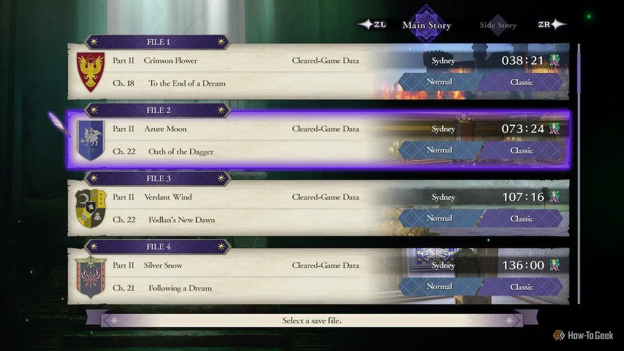 Tệp lưu game Fire Emblem: Three Houses hiển thị tất cả bốn tuyến đường cốt truyện đã hoàn thành, minh chứng cho các lựa chọn lớn.