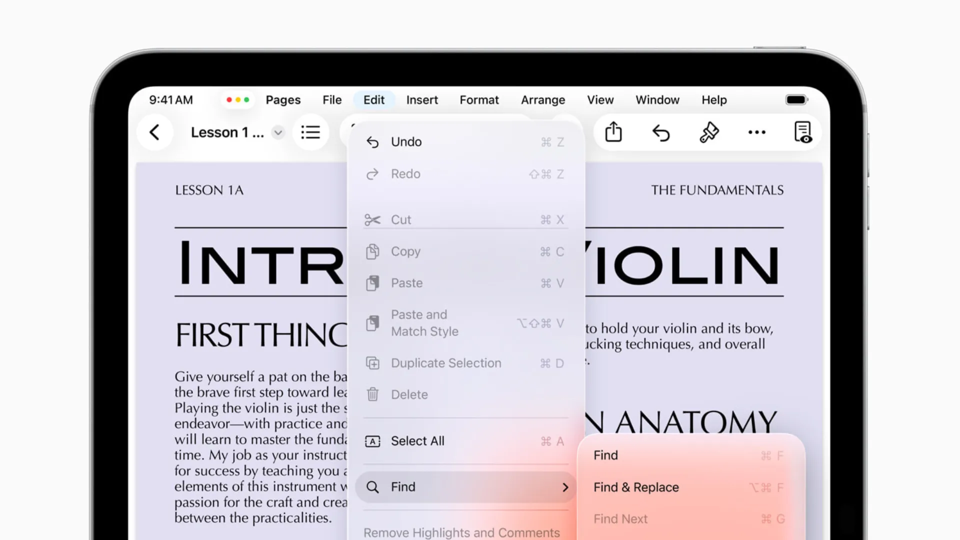 Thanh Menu mới trong iPadOS 26, hiển thị các tùy chọn ứng dụng dưới dạng menu thả xuống