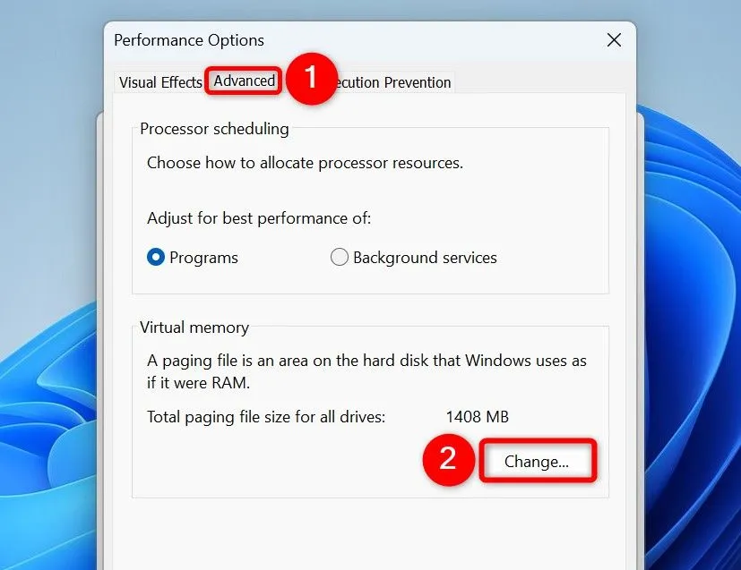 Thay đổi cài đặt bộ nhớ ảo (Virtual Memory) trong phần Tùy chọn hiệu suất của Windows 11.
