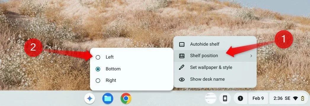 Thay đổi vị trí của thanh Shelf sang cạnh trái màn hình trên hệ điều hành ChromeOS.